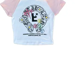 Fanatik Lair Women's Crop Top Baby Tee - White w/ Light Pink Sleeves -  Womenswear Shirts