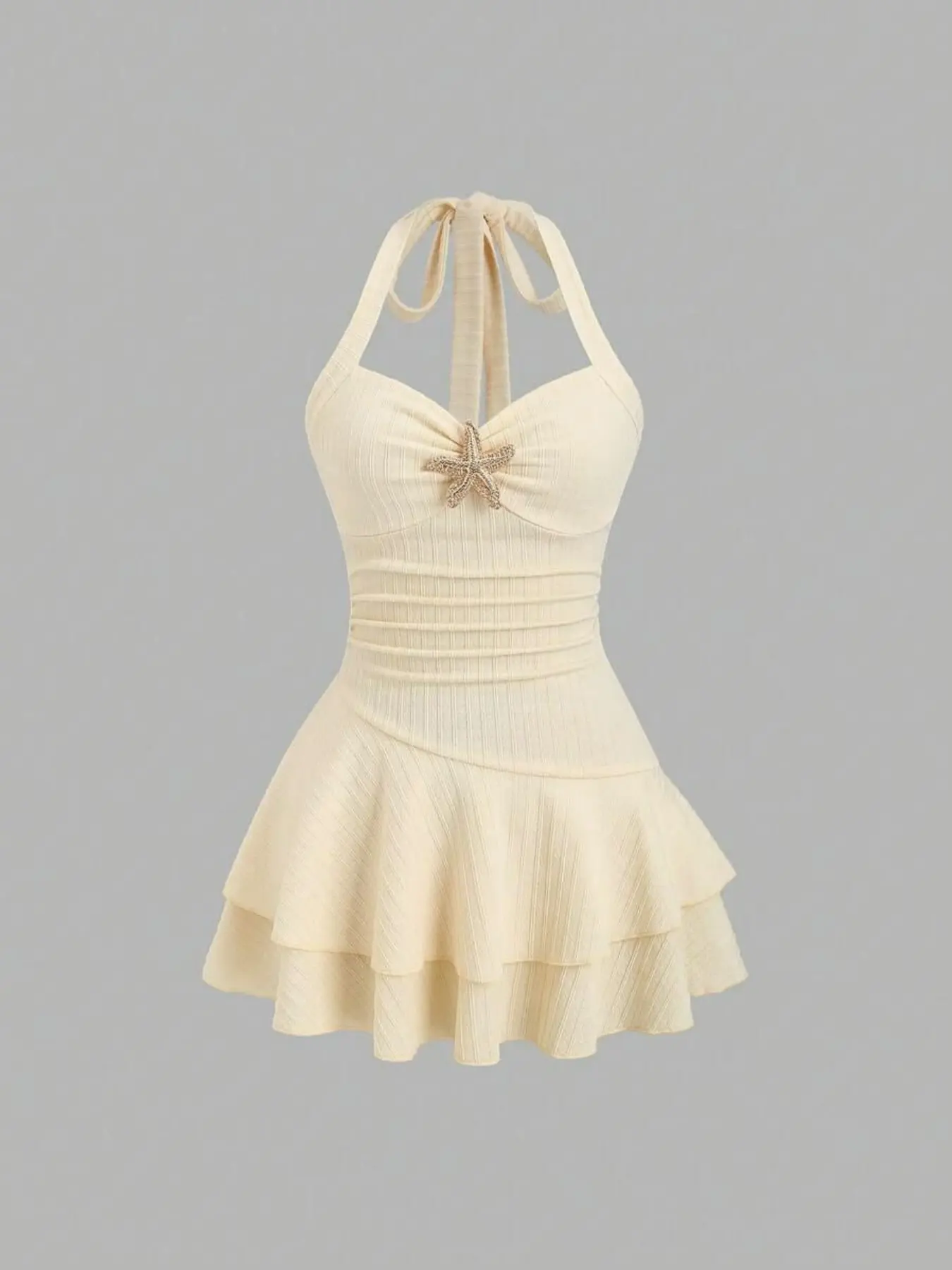 Elegant Chic Summer Dress for Beach & Vacation, Casual Wear, Sweet Style, Solid Color, Ruched Front, Metal Decoration, Tiered Hem, Playful Mini Dress