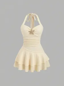 Elegant Beach Vacation Summer Women Dress, Sweet Style, Plain Pattern, Strapless Neckline, Pleated Front, Metal Decoration, Tiered Hem, Playful Mini Dress