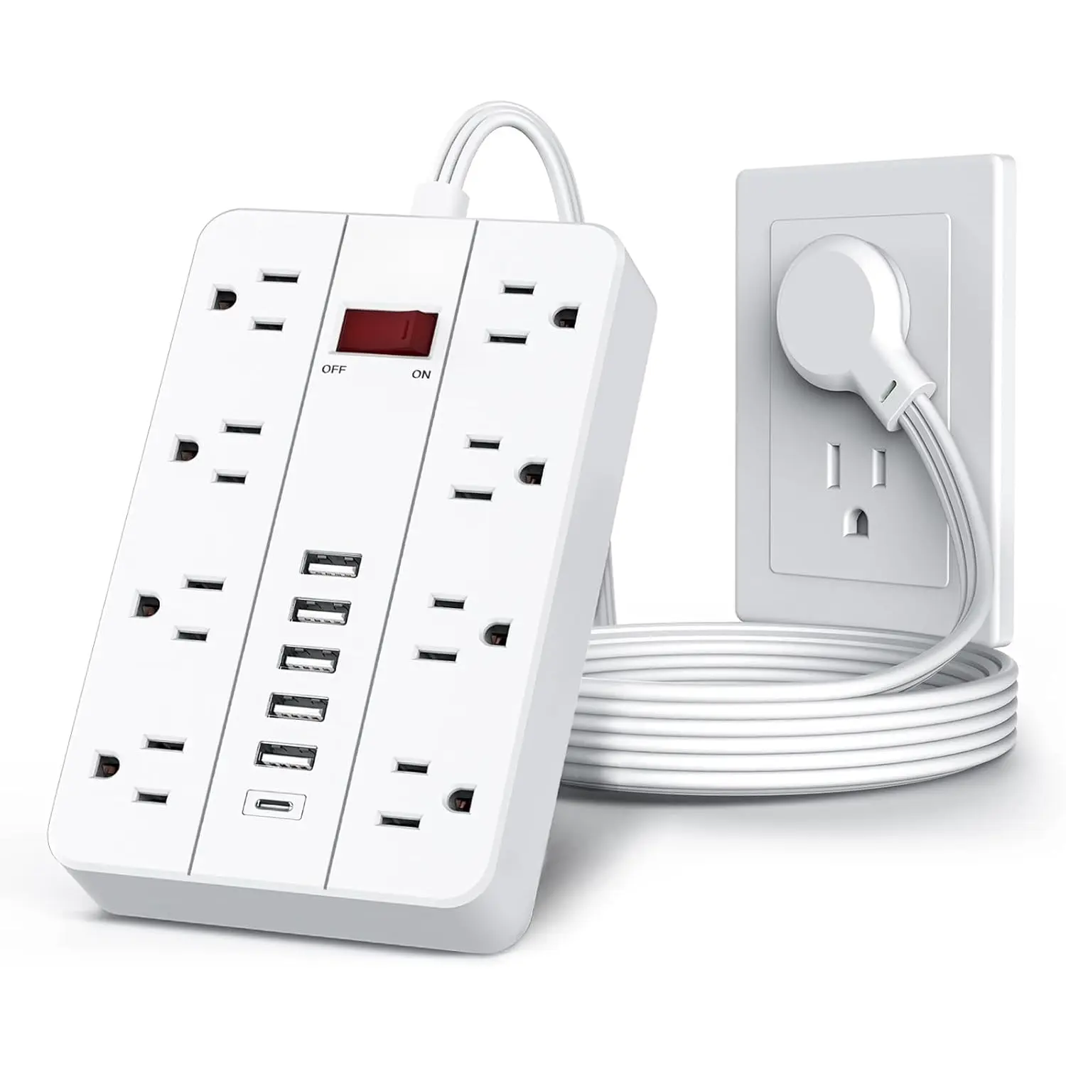 Power Strip with USB, Flat Plug Extension Cord Surge Protector 5 Ft,  Power Strip with 8 Widely Spaced Outlets 6 USB Charger (1 USB C Port), Desk  Station for Home Office, White