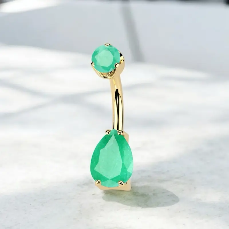 Teardrop Green Onyx Navel Piercing Jewelry for Women, 14g Internally Threaded Implant Grade Titanium Bar, 10mm Lightweight & Anti-Rust Gold Finish, Body Jewellery