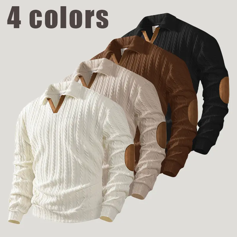Men Cable Knit Polo Collar Sweater Suede V Neck Spliced Elbow Patch Long Sleeve Pullover Vintage Gentleman Breathable Fall Casual Textured Top