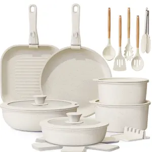 Astercook 22 Piece Pots and Pans Set Non Stick, Cookware Set with Detachable Handles, Oven Safe, Induction Ready, Stackable RV Kitchen Cooking Set, Cream White