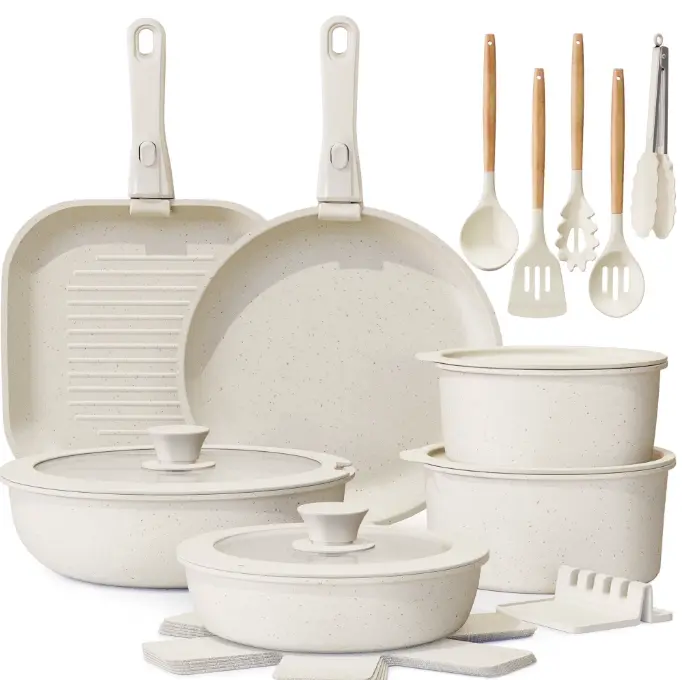 Astercook 22 Piece Pots and Pans Set Non Stick, Cookware Set with Detachable Handles, Oven Safe, Induction Ready, Stackable RV Kitchen Cooking Set, Cream White