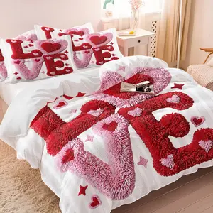 Plush LOVE themed duvet cover set, Decorative duvet cover, one duvet cover & one or two coreless pillowcase, a red & white color scheme, adorned with heart & star decorations, soft & warm feeling, soft & skin-friendly, multiple styles available.