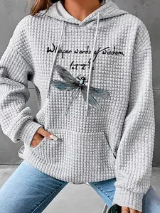 Women's Trendy Hooded Sweatshirt with Dragonfly Print, Inspirational Quotes, Long Sleeve Pullover, Fall & Winter Casual Top