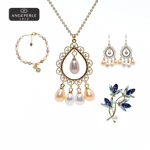 ANGEPERLE Alloy Freshwater Pearl Pendant Bracelet Ear hook And Corsage Four-Piece Set4-7mm/7-8mm(TSSL081)