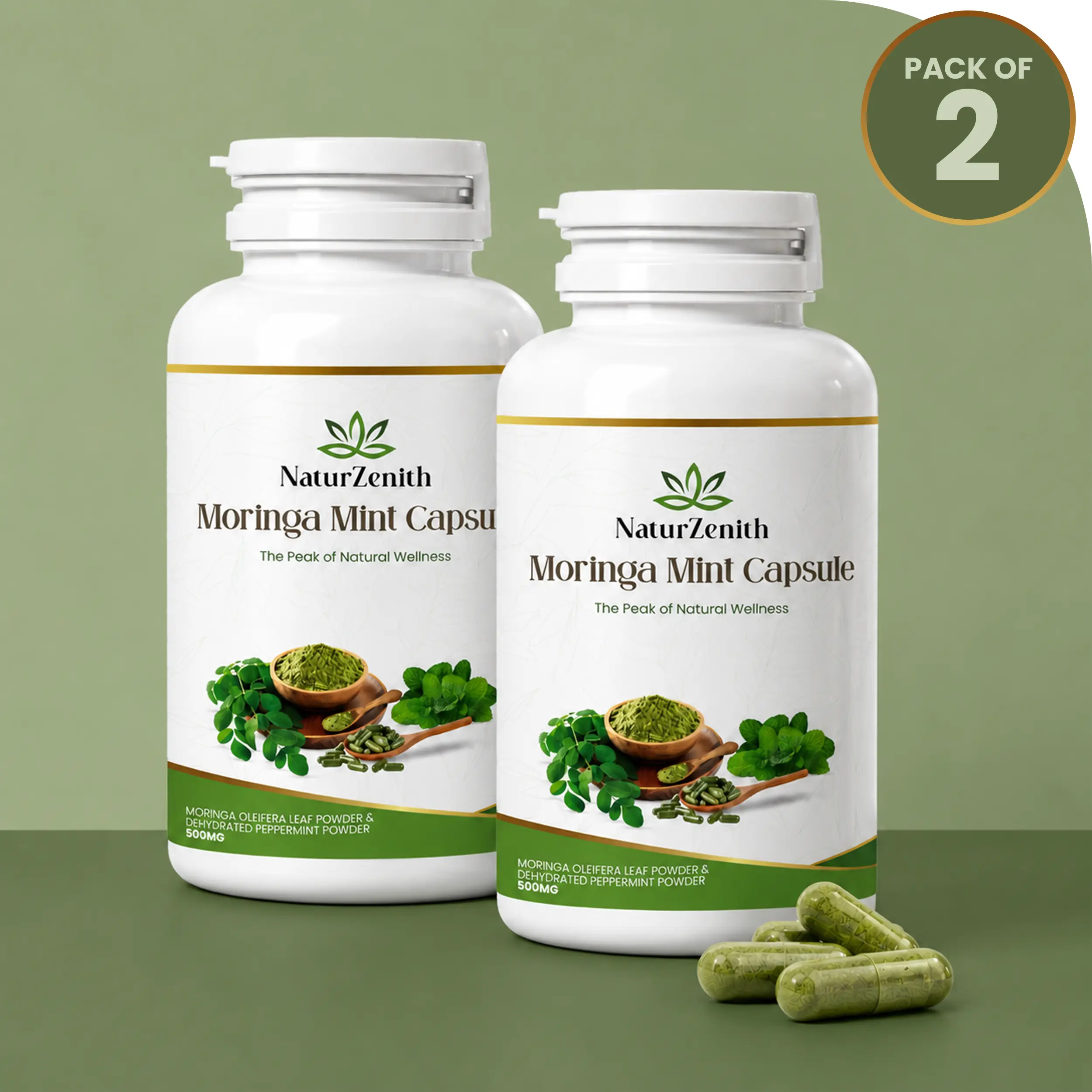 NaturZenith Moringa Mint Capsules 500mg – Moringa Leaf & Peppermint Powder Blend, 60 Capsules Each, 120 Capsules Total, Pack of 2
