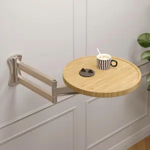 Wall Mounted Folding Table,Small Bamboo Drop Down Floating Wall Desk,11.8" Round Wood Tabletop with Retractable Aluminum Alloy Brackets,Bedside Wall Shelf Drop Top Desk,Fold Down Nightstand