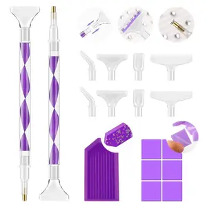 Rhinestone Picker Tool Kit: 2Pcs Rhinestone Applicator Handle, Dual-Ended Bedazzling Tools Pen with 12 Upgraded Plastic Replacement Tips, Clay for DIY Nail Art Craft (Purple)