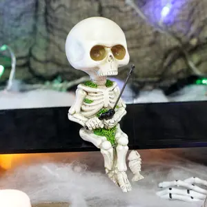 Halloween Fishing Skull Statue, Resin Skeleton Figurine for Home Garden Patio Fish Pond Decor, Aquarium Theme Decoration