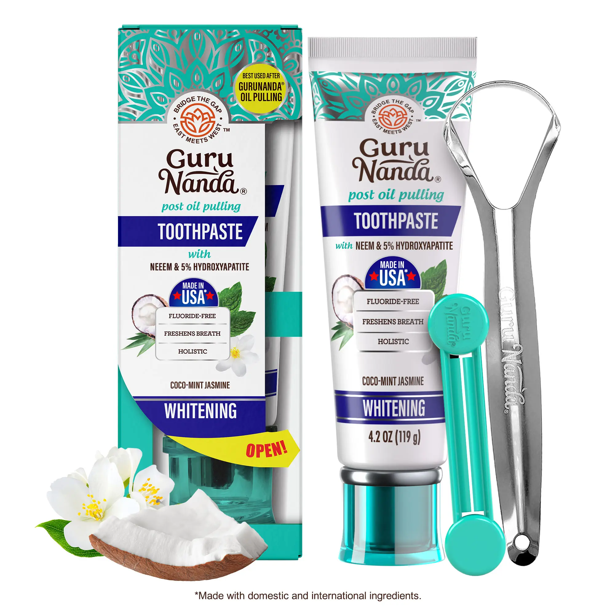 GuruNanda Hydroxyapatite Neem Whitening Toothpaste, SLS & Fluoride Free, Freshens Breath & Fights Plaque, Natural CocoMint Jasmine, 4.2oz