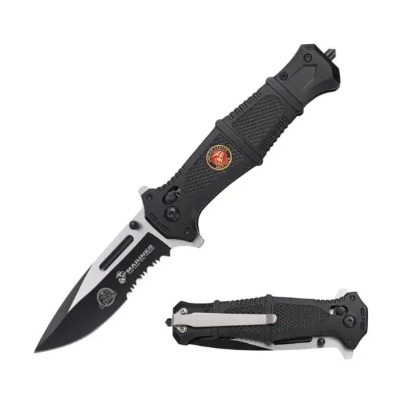 MTech USMC Medallion Folding Pocket Knife, 3.9-inches Partially Serrated Blade, Cross Bar Lock EDC Tool 8.9-inches Overall Gifts for Dad, Husband,