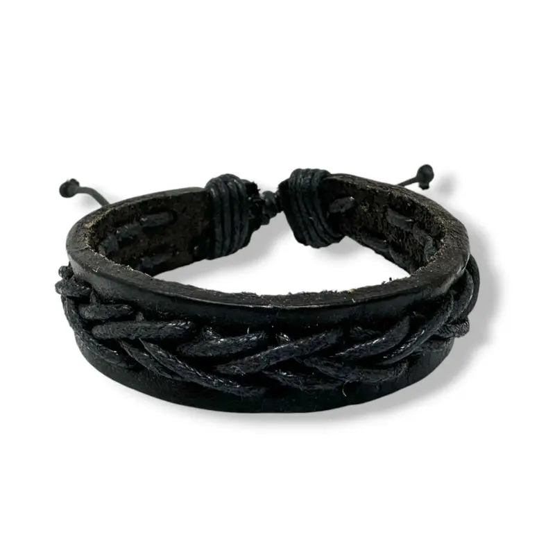 Black Leather Bracelet Adjustable Braided Cord Unisex Wristband for Men Women
