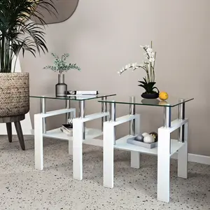 [SOIYELIFE] Set of 2 Transparent and White Tempered Glass Square Coffee Tables Modern and Versatile Living Room Furniture for Small Spaces