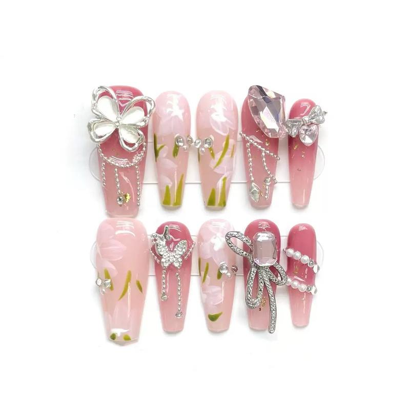 Valentine's Day Press-On Nails Set salon-like fake nail gift for woman Butterfly and Flower Press-on Nails for Spring Vitality Diamond Tassel Decoration Professional Nail Art Easy Application Versatile for Spring Outfits