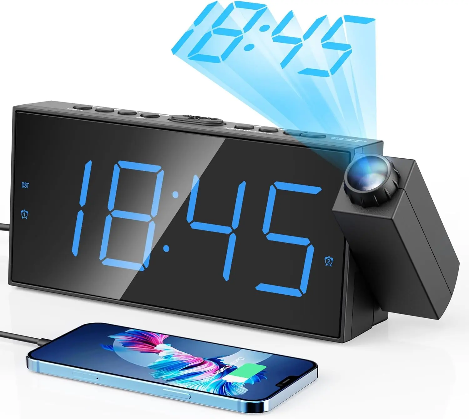 Digital Projection Alarm Clocks for Bedrooms - Large LED Display, 180° Rotatable Projector with 5-Level Dimmer and USB Charger