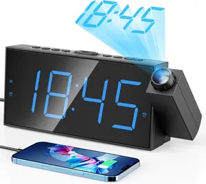 Digital Projection Alarm Clocks for Bedrooms - Large LED Display, 180° Rotatable Projector with 5-Level Dimmer and USB Charger