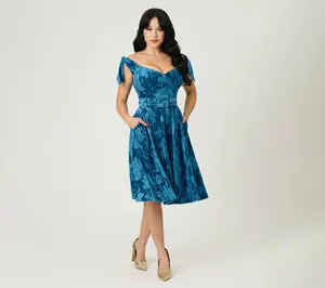 Unique Vintage Blue Floral Embossed Velvet Prairie Swing Dress