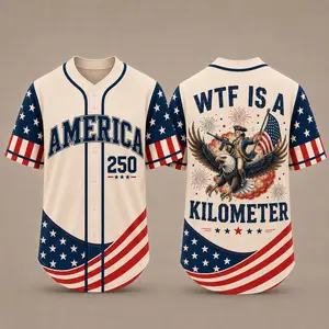 America 250 WTF Is A Kilometer Baseball Jersey, Patriotic 4th of July Shirt, USA Freedom Eagle Jersey, Funny American Independence Day Apparel, National Pride Button Up Baseball Shirt for Men
