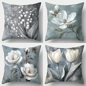 Set of 4 Four Modern Floral Print Pillow Covers Square, Made from Soft And Cozy Fabric, Featuring a Zipper Closure, Machine Washable, Without Inner Filling