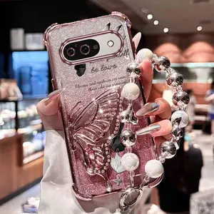 Pixel9 Girls Series Fashion Strap Lanyard Phone Holder Case For Compatible With Google Pixel 9 PC Cover and Shockproof Elegant Butterfly Glitter Protector Cases Phone Decoration Accessories