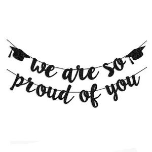 2026 Black Glitter Graduation Banner Party Decorations, “We're Proud of You” Graduation Banner, suitable for graduation party supplies, schools, home, and room decorations, Yard Sign Banner