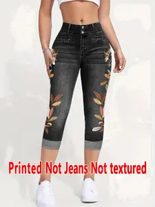 Women's Printed Skinny Pants Non-Denim Fabric, Ladies Seven-Inch Print Jeans-Like Bottoms, All Seasons Fashion