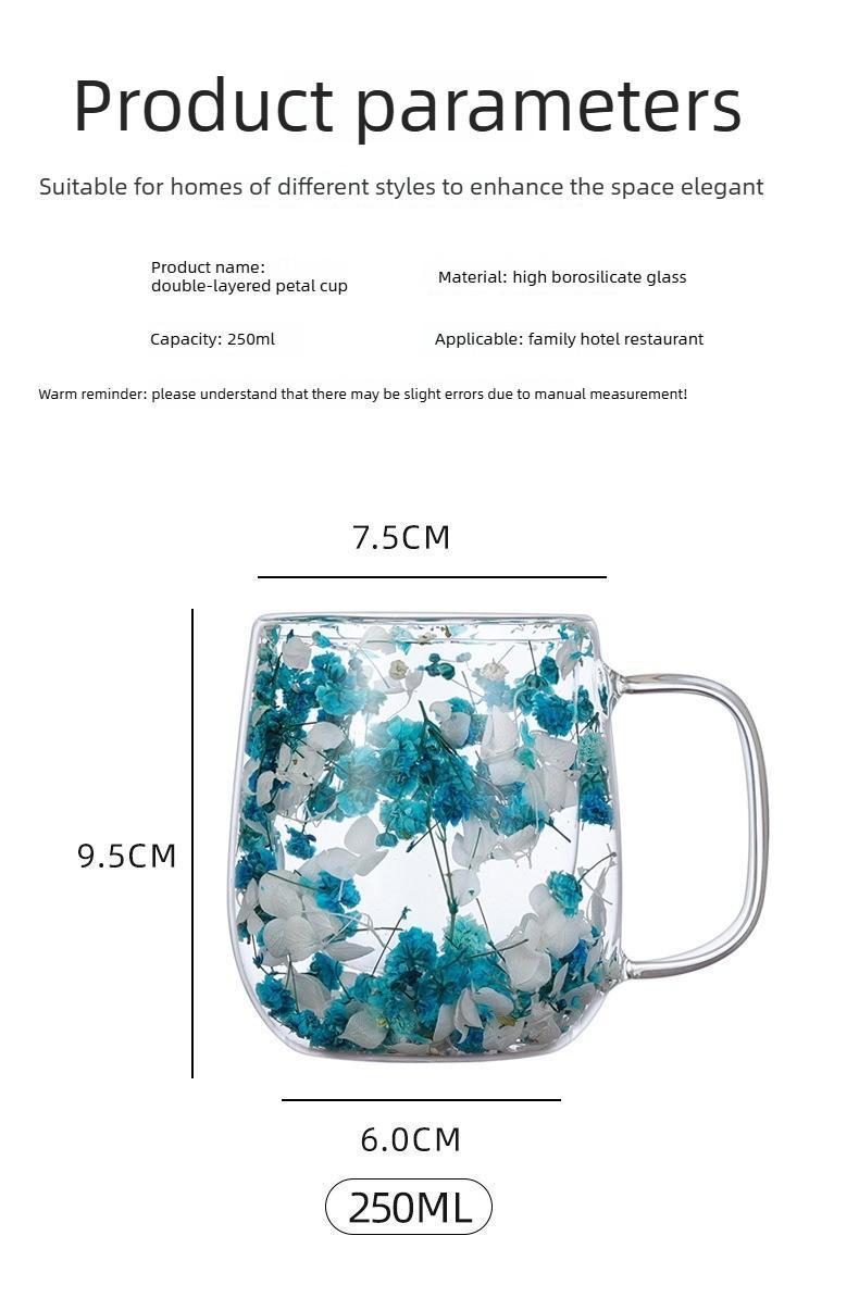 Double Glass Flower Tea Cup, 250ml Double Wall Glass Coffee Cup, Insulated Transparent Cup with Dried Flowers, Heat Resistant Drinkware Tumbler, New Year Gift.The top choice for Mothers Day Gift