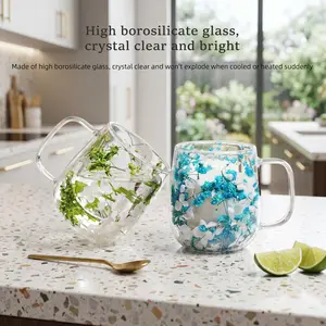 Double Wall Glass Flower Tea Cup, 250ml Insulated Coffee Cup, Transparent Mug with Dried Flowers, Heat Resistant Drinkware, Aesthetic Glass Tumbler for Home, Office, Gift for Mother’s Day, New Year