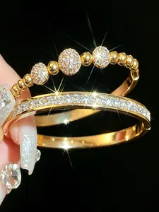 2-Piece Round Disk Full Rhinestone Bracelet Set, Stainless Steel, Casual Style, All Seasons, Perfect for Parties and Dates, High-End Jewelry