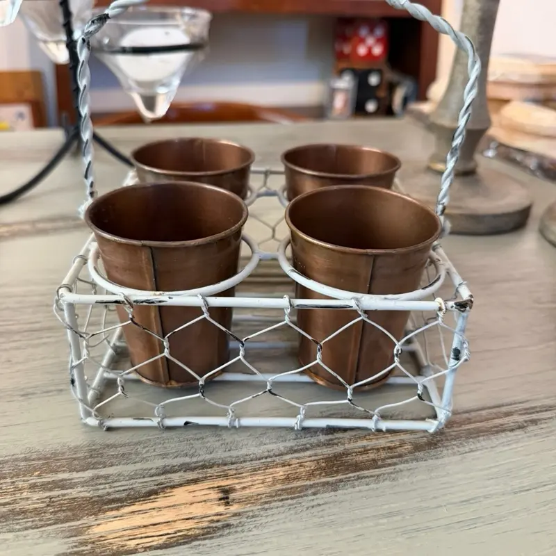 Rustic Wire Basket with Four Brass Cups