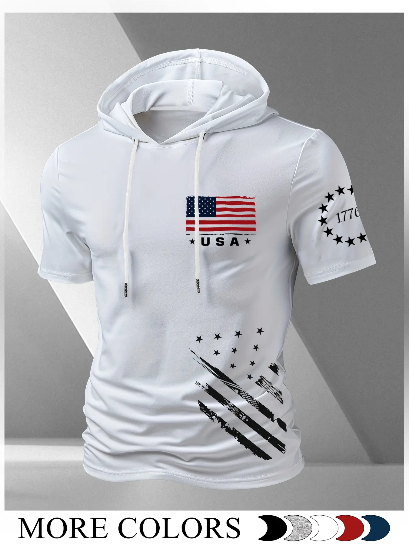 Men's "1776 & USA Flag" Hooded Short-Sleeve Fitted Tee, Distressed Retro Patriotic Streetwear, Casual Lifestyle T-Shirt, Tops