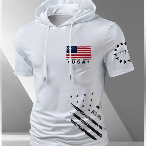 Men's "1776 & USA Flag" Hooded Short-Sleeve Fitted Tee, Distressed Retro Patriotic Alternative Streetwear Clothes, Casual Lifestyle T-Shirt, Tops