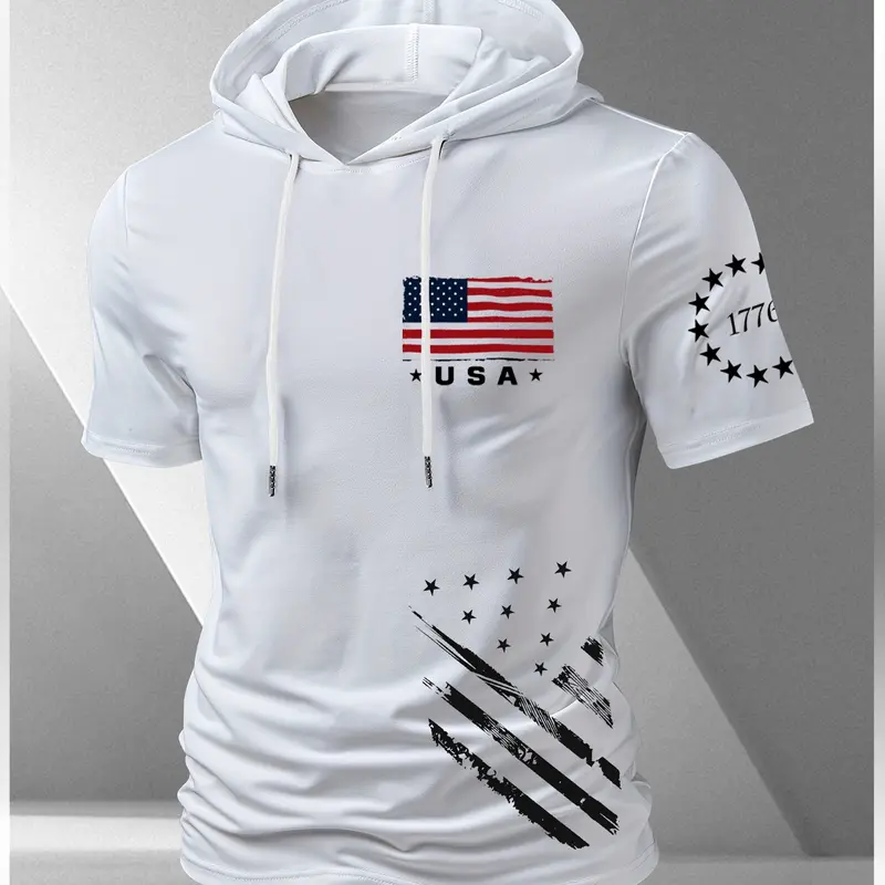 Men's "1776 & USA Flag" Hooded Short-Sleeve Fitted Tee, Distressed Retro Patriotic Alternative Streetwear Clothes, Casual Lifestyle T-Shirt, Tops