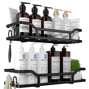 2 Pack Black Wire Bathroom Shelf Wall Mounted, No Drill Shower Storage Rack for Shampoo, Conditioner and Body Wash, Space Saving Bathroom Organizer with Strong Adhesive, Modern Metal Shower Shelf for Bathroom and Kitchen Use