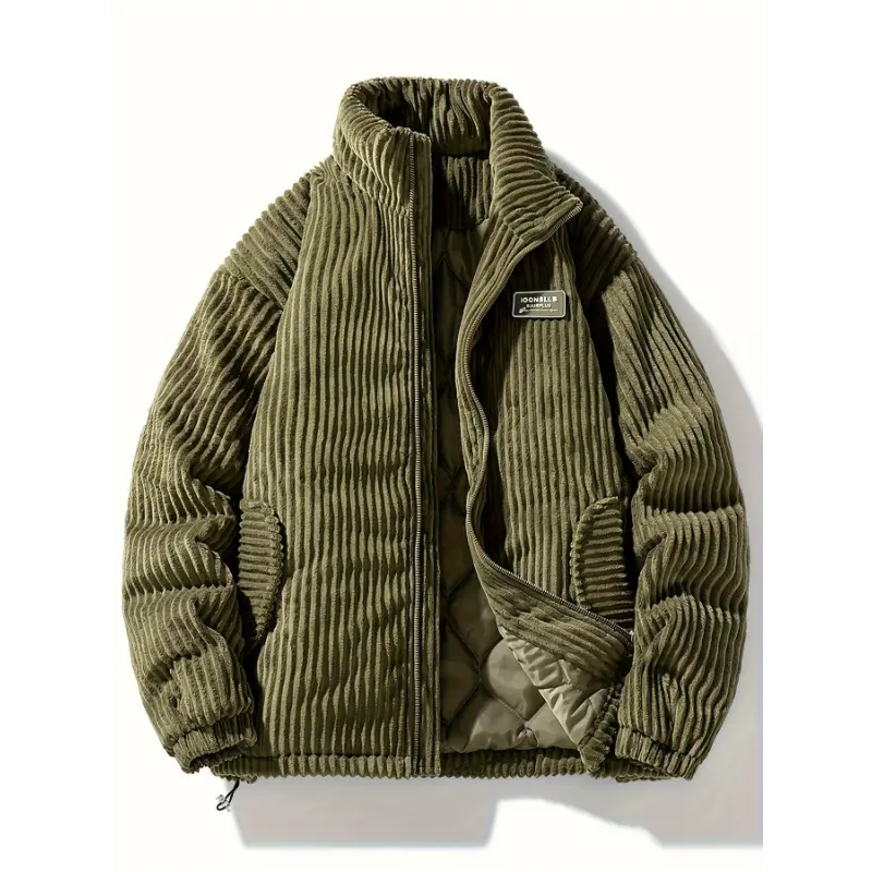 Unisex Winter Corduroy Puffer Jacket - Loose-Fit Solid Color Long-Sleeve Sports Outerwear, Thick Warm Polyester Woven Coat with Stand Collar, Zipper, Pockets, S