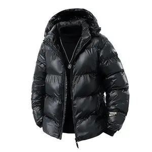 Men's Spring Autumn Winter Black Shiny Hooded Down Jacket Zipper Warm Coat