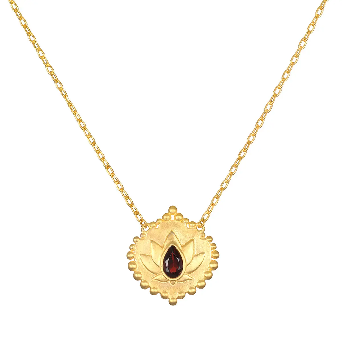 Satya Jewelry Grounded in Strength Garnet Lotus Gold Pendant Necklace - Necklace Gold, L16 Ext Chain, Colored Gemstone Dainty Semiprecious Stone Pendants, Colored Gemstone Semiprecious Stone Necklaces & Pendants