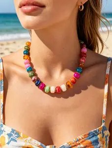 Women's Bohemian Style Colorful Chunky Bead Long Necklace Unique  Stylish Handmade Accessory,  for Everyday Wear and Beach Outings Summer Necklaces Jewelry Gifts
