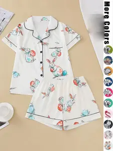 Easter Egg and Rabbit Print Pajama Set Women Shirt & Shorts Two Piece Sleepwear, Short Sleeve Satin Pajamas, Summer Sleepwear Set, Pajama Sets Women, Comfortable Sleeping Clothes, cute bunny print loungewear, elastic waist comfy pajamas