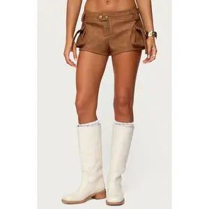 Edikted Women's Washed Faux Leather Micro Cargo Shorts
