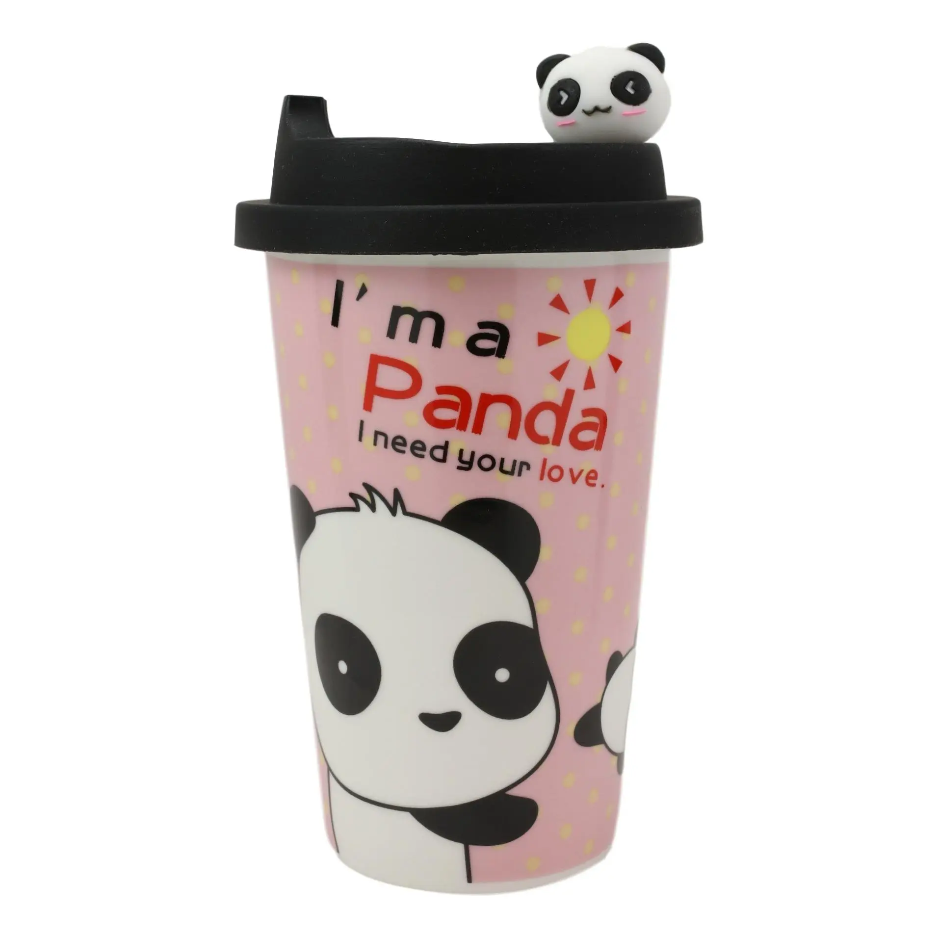 Pink Polkadot Heart Ceramic Mug for Giant Panda Bear Lovers, 6.5 in, 2-Pack, Adorable Look, Ceramic Body, Silicone Lid, Dishwasher Safe Cup