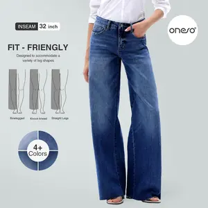 ONESO Stretchy BBL Jeans Mid Waist Distressed Raw Hem Wide Leg Baggy Denim Pants Minimalist Spring Daily Outfit