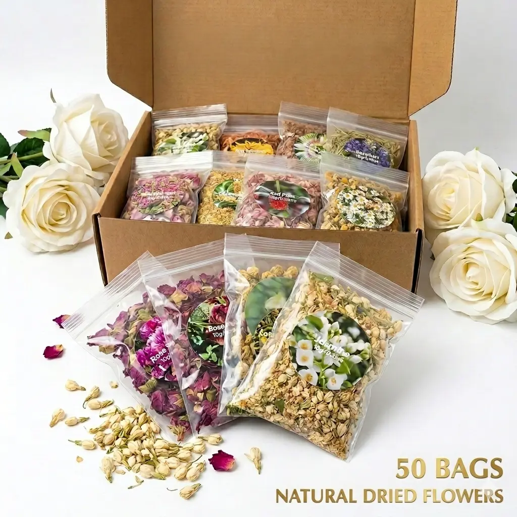 50-Bags Natural Dried Herbs & Flowers Craft Kit | Organic Botanical Sachets for DIY Candles, Soap Making & Home Fragrance
