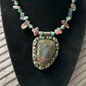 abalone Pendant Seashell Amethyst Green Aventurine Flourite  Rose Quartz Natural Gemstone  Necklace Handmade One of a Kind with Unique Beads and Centerpiece Glass beads