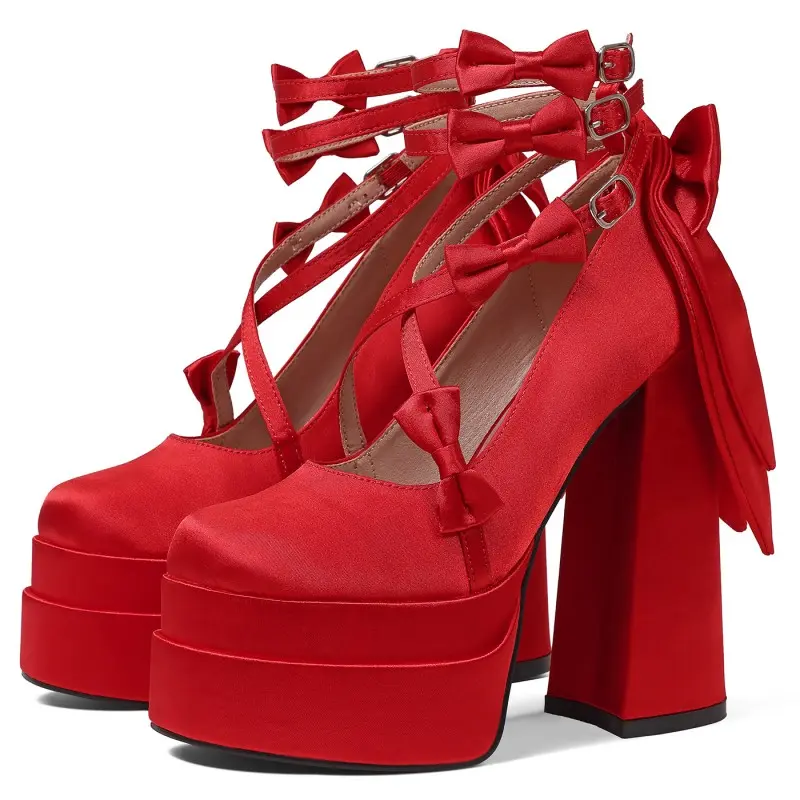 Women’s Satin Platform Heels Chunky Block Heel Cross Strap Bow Accent Ankle Strap Lolita Party Costume Prom Streetwear Footwear design