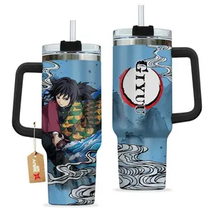 Demon Slayer Hashira Tomioka Giyu with Water Breathing 40oz Tumbler – Stainless Steel Travel Mug with Handle, Straw, Insulated, Manga, Anime Lover, Kimetsu No Yaiba Gift for Men and Women