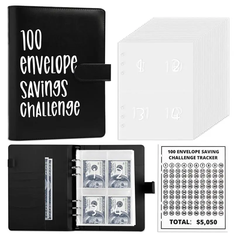 100 Envelope Savings Challenge A5 Budget Binder Book - Undated Personal Organiser with Numbered Cash Envelopes, 100-Day Tracker for Total $5050 Savings, Undated Personal Organisers
