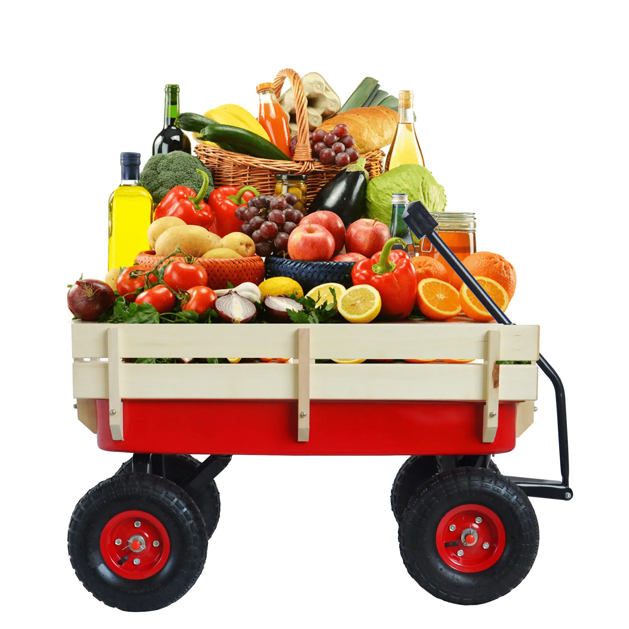 Heavy Duty Red Outdoor Sport Utility Trolley Cart with Detachable Wooden Side Panels, 10-Inch Air Shock-Absorbing Tires, Adjustable Handle, 176 lbs Load Capacity for Beach, Garden Use